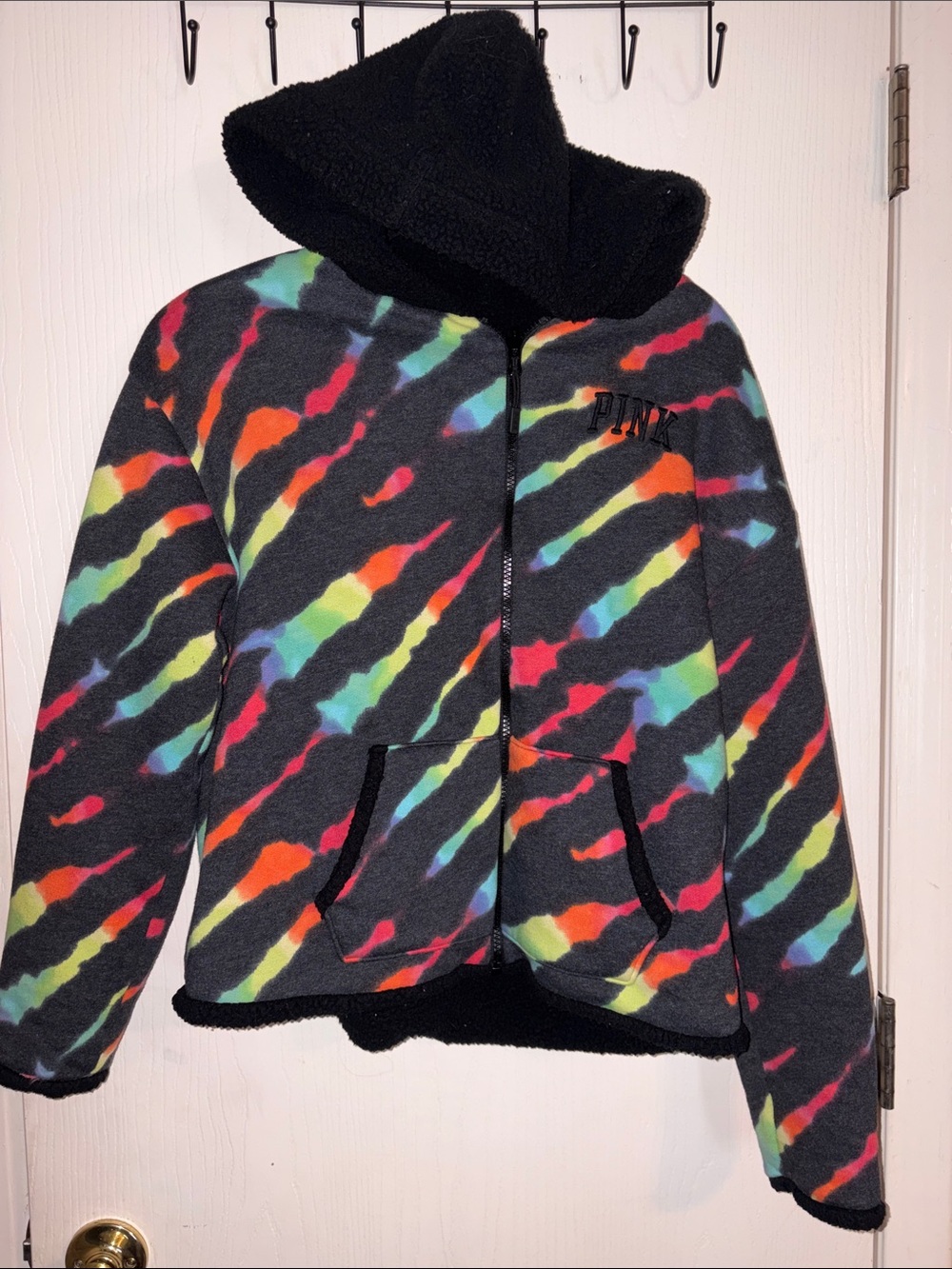 PINK Rainbow Tie-Dye Sherpa-Lined Zip Hoodie